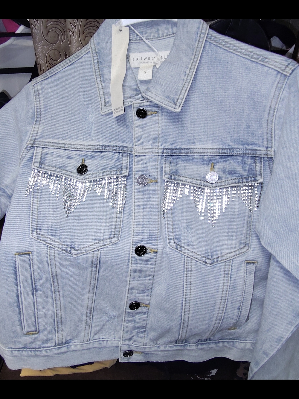Ambercrombi Saltwater Luxe Light Wash Denim Jacket with Rhinestone Fringe Sz S